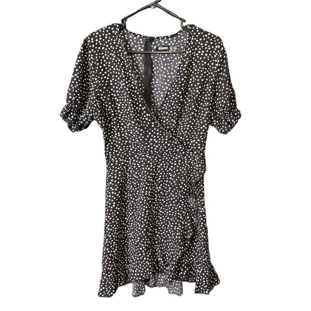 Missguided Dress Womens 2 Black Polka Dot Ruffle Hem Wrap Tea Length
